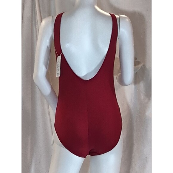 Red One-Piece Swimsuit – Size M – Metallic Gold Piping & Sheer Floral Waist Band - Picture 3 of 10